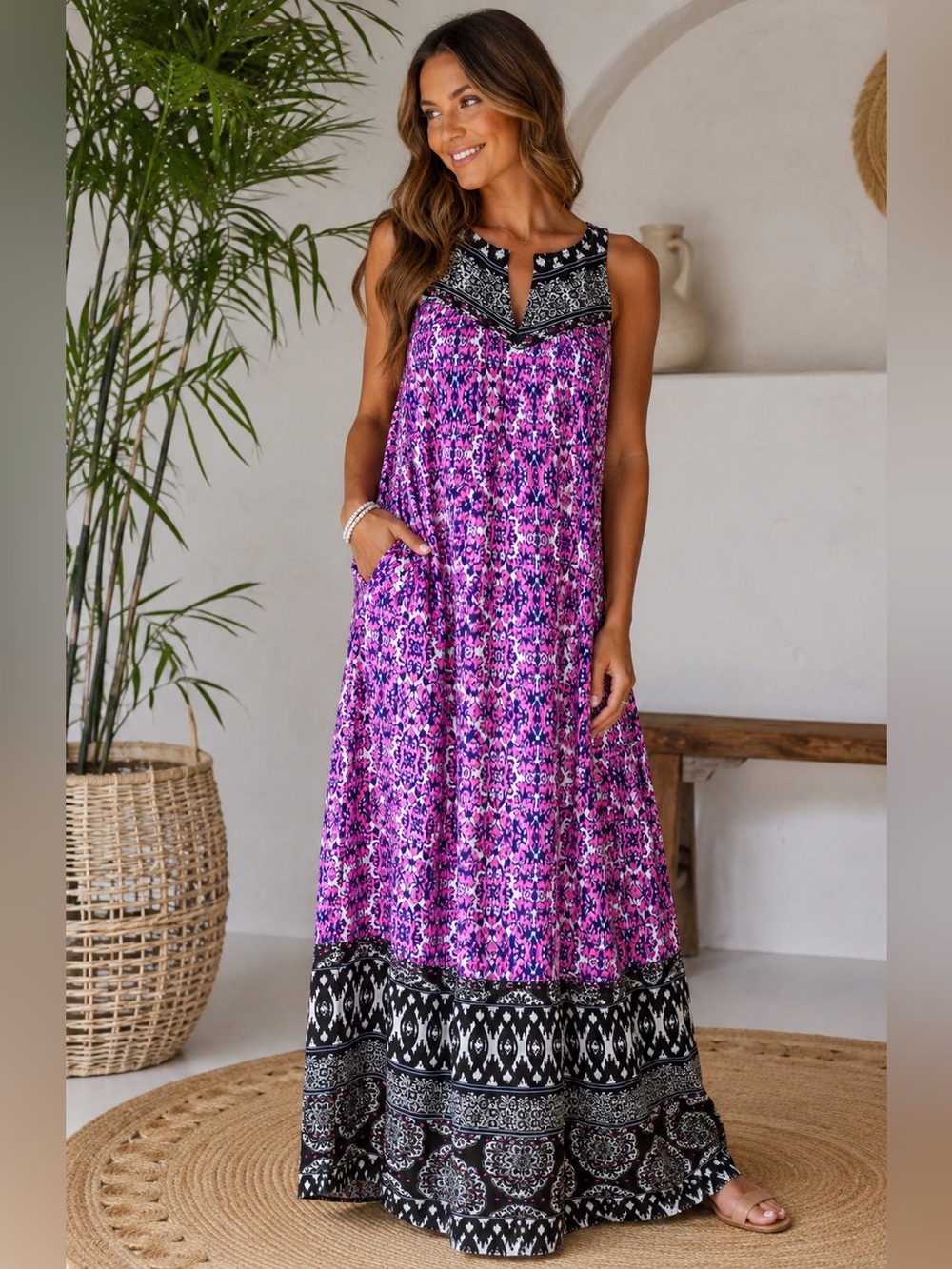 Japna Sleeveless Boho Maxi Dress | Purple Black Print | Size Small (PTP 17.5”) - Picture 4 of 8